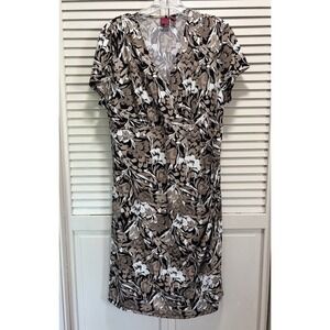 212 Collection Black/Tan Floral Wrap Front Dress‎ V Neck Size PXL Short Sleeve